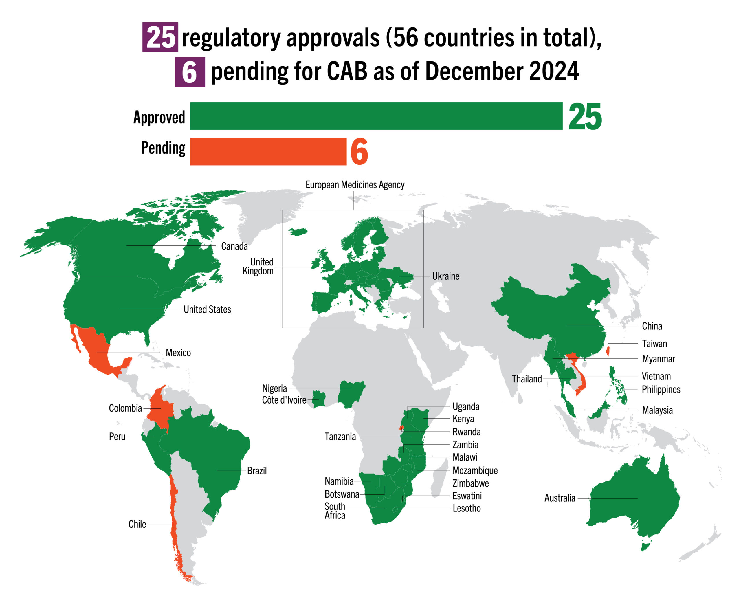 map of CAB regulatory approvals around the world